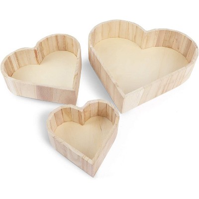 Bright Creations 3-Pack Unfinished Wooden Heart Shaped Tray Set, Storage & Display for Wedding Home Parties