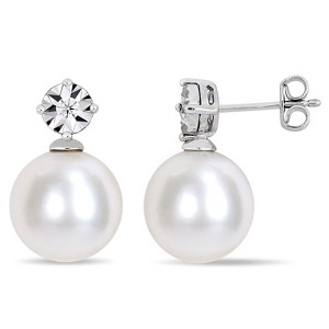 EVERLY JEWELRY | Sterling Silver 0.02 CT Diamond TW 11-12 MM Cultured Freshwater Pearl Fashion Post Earrings - 1 of 4