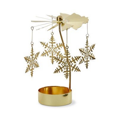 Tag Christmas Snowflake Carousel Tealight Candle Holder Gold Metal, 3.0 x 3.0 x 5.0 inches