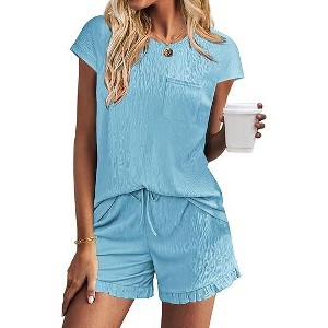 Ekouaer Womens Pajama Set Cap Sleeve Tops and Ruffle Shorts Lounge Set 2 Piece Pj Sets Casual Sleepwear with Pockets - 1 of 4