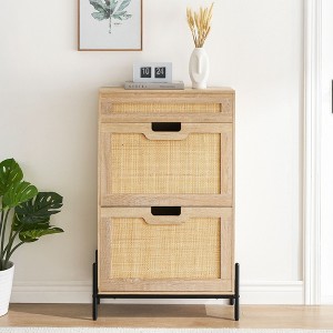Acekool Natural Rattan Storage Cabinet with 2 Flip Drawers, Adjustable Shelves & Metal Legs, Slim Entryway Shoe Organizer - 1 of 4