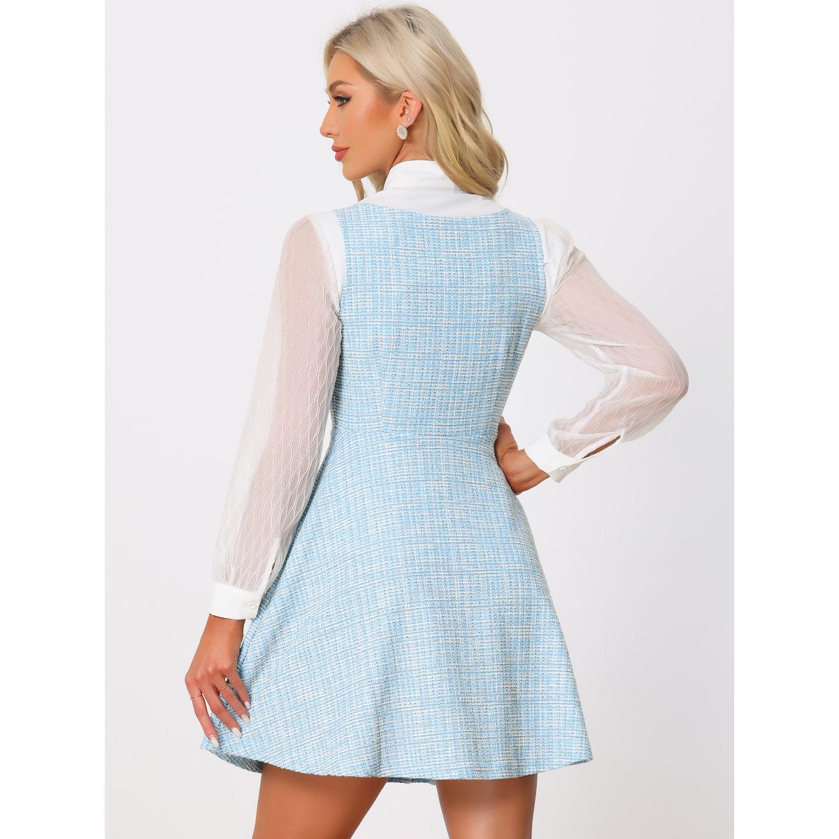 Женские платья INSPIRE CHIC Women's Sleeveless Square Neck Plaid Fit and Flare Tweed Dresses Small Light Blue — фото 3