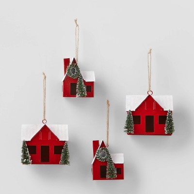 4pk Metal Cabin Christmas Tree Ornament Red - Wondershop™