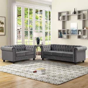 5 Seater Velvet Chesterfield Couches for Living Room Sets Loveseat and Sofa 2-Pieces -Morden Fort - 1 of 4