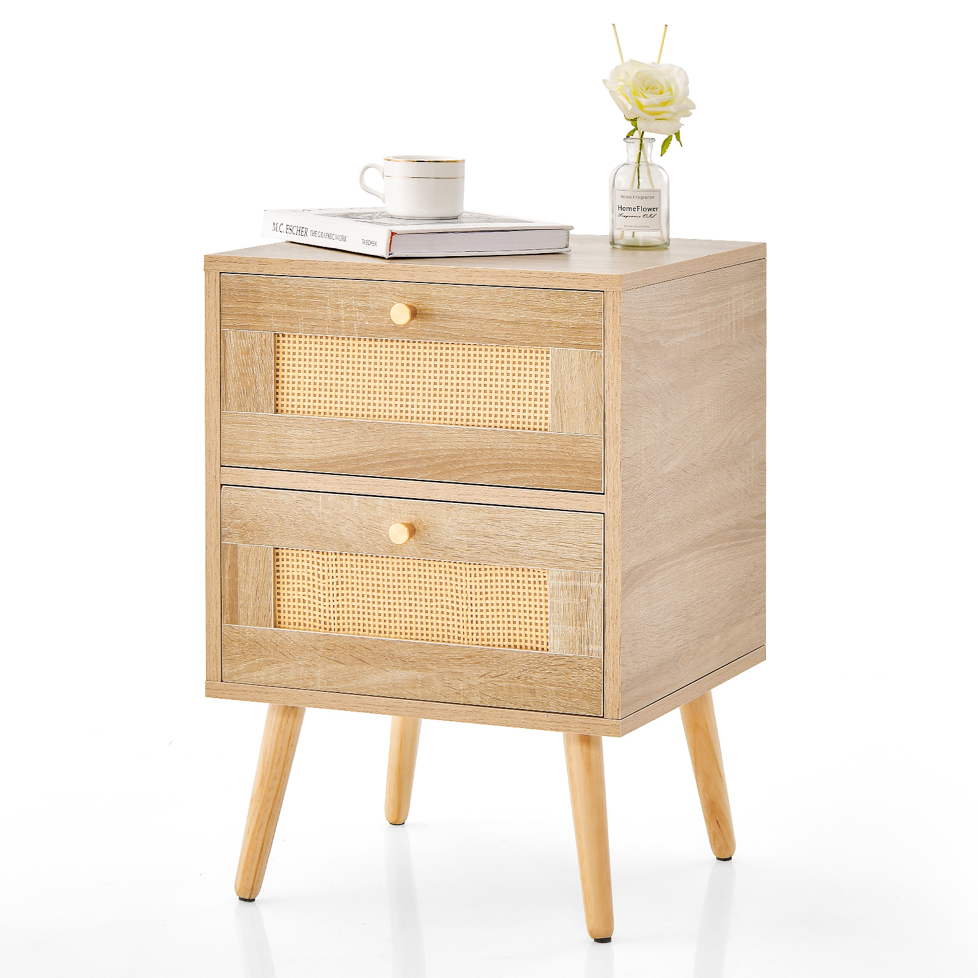 Costway 1 PCS Rattan Nightstand Boho Accent Bedside Table with 2 Storage Drawers Natural
