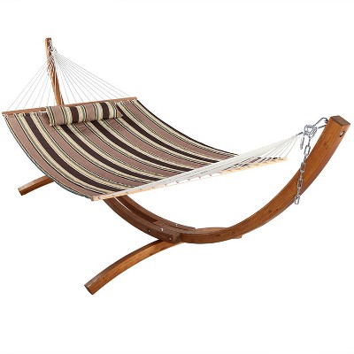 Sunnydaze Quilted Double Fabric 2-Person Hammock with Curved Arc Wood Stand