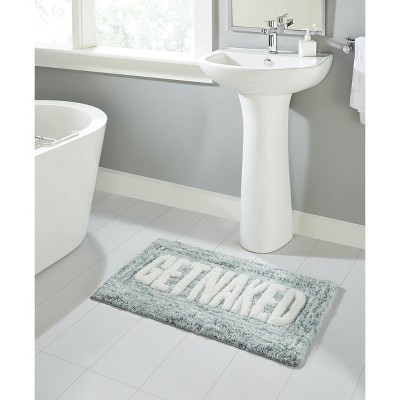 Kate Aurora Dorm Basics “Get Naked" Aqua Blue Typography Soft Tufted Oversized Bath Rug - 20” x 32”