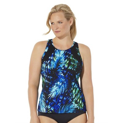 Swimsuits for All Women's Plus Size Chlorine Resistant High Neck Racerback  Tankini Top - 16, Blue