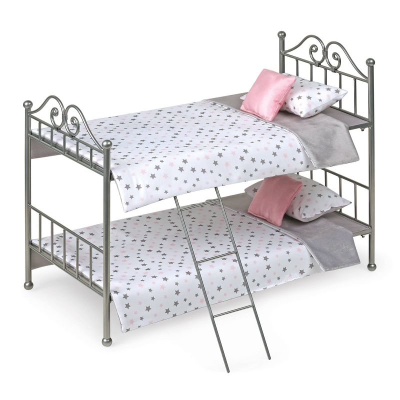 Scrollwork Metal Doll Bunk Bed with Ladder and Bedding - Silver/Pink/Stars, 1 of 5