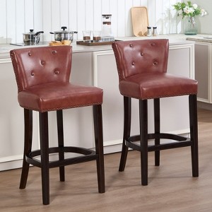 Sapphtopaz 2PCS Retro Bar Stools with Leather Upholstered Wooden Counter Height Bar Stools with Curved Button Backrest for Kitchen Island - 1 of 4
