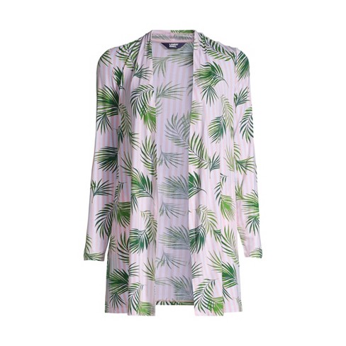 Lands' End Women's Petite Lightweight Jersey Knit Long Cardigan Print -  Medium - Pink/white Striped Palm : Target