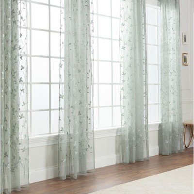 Sage Embroidered Vine Sheer Polyester Window Curtains, 52" x 96"