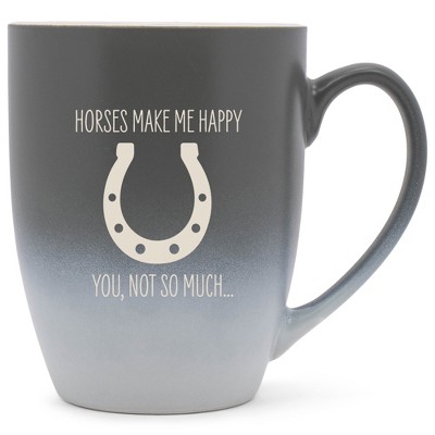 100 North Horseshoe Design 10 Ounce Gray and White Two Toned Ombre, Comfortably Fits Your Hands, Ceramic Tea Coffee Cup Mug, Horses make me happy, You