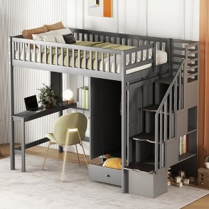 TIRAMISUBEST Twin/Full Size Loft Bed with Buli-in Desk, Wardrobe and Bookshelf, Solid Wood Loft Bedframe with Storage Staircase and Shelves - 1 of 4