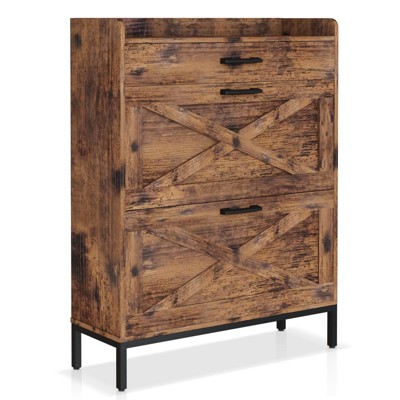 Hooseng Slim Wooden Shoe Cabinet with Drawers, Freestanding Shoe Organizer with Metal Legs for Entryway, Narrow Shoe Rack Storage Unit