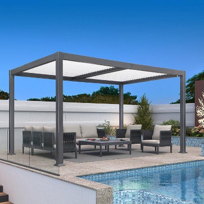 PURPLE LEAF Louvered Pergola Outdoor Aluminum Pergola with White Adjustable Rainproof Roof Grey Frame Hardtop Gazebo for Patio Deck Garden