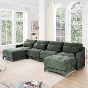 Oversized 141.7" Chenille Modular U-Shaped Ergonomic Sectional Sofa with Lumbar Pillows and 2 Movable Ottoman, 6-Piece Free combination Sofa - 1 of 4