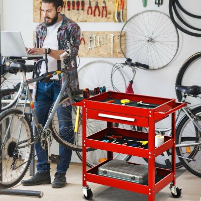 Red Steel Three Tray Rolling Utility Cart with Drawer