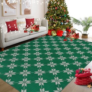 Checkered Festive Christmas Leaf Pattern Rectangular Rug Holiday Decor for Living Room Cozy Seasonal Mat Carpet - 1 of 4