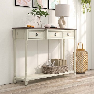 52" Cream and Brown Wood Console Table with Storage Drawers