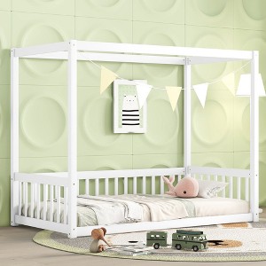 CAVINAS Twin Size Wood Montessori Bed,Modern Canopy Floor Bed with Safety Guardrails,Toddler Bed for Bedroom - 1 of 4