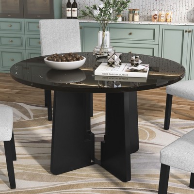 Lirago Round Dining Table for 4 Mid-Century Modern Faux Marble Top Kitchen Table Black