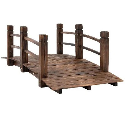 5 ft Wooden Garden Bridge Arc Stained Finish Footbridge with Railings for your Backyard, Stained Wood