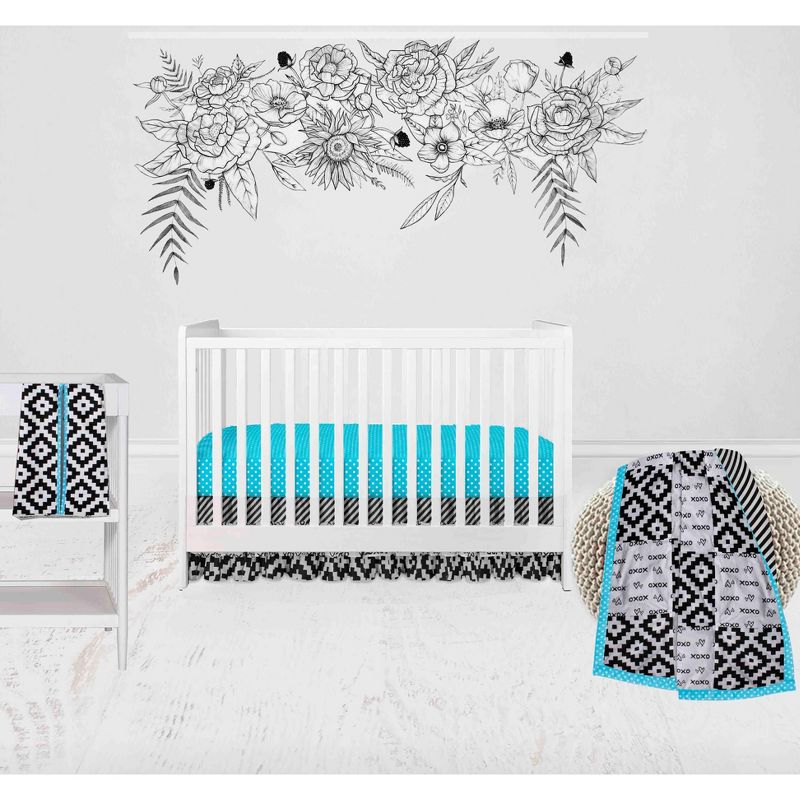 Bacati - Love Black Turquoise 4 pc Crib Bedding Set with Diaper Caddy, 1 of 10