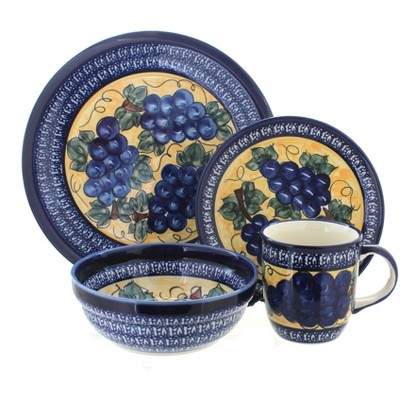 Blue Rose Polish Pottery Grapes 16 Piece Dinner Set with Cobalt Trim