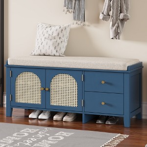 TIRAMISUBEST Shoe Storage Bench,Vintage Shoe Bench with Storage and Cushion, Shoe Bench with 2 Drawers and 2 Rattan Door - 1 of 4