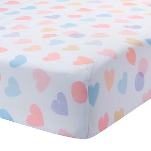 Bedtime Originals Rainbow Hearts White/Peach/Purple Baby Fitted Crib Sheet - 1 of 4