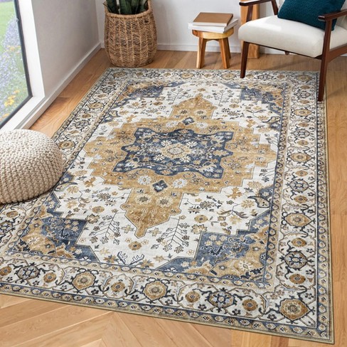 Washable Vintage Area Rug Oriental Floral Print Throw Carpet Boho Accent Throw Rugs - image 1 of 4