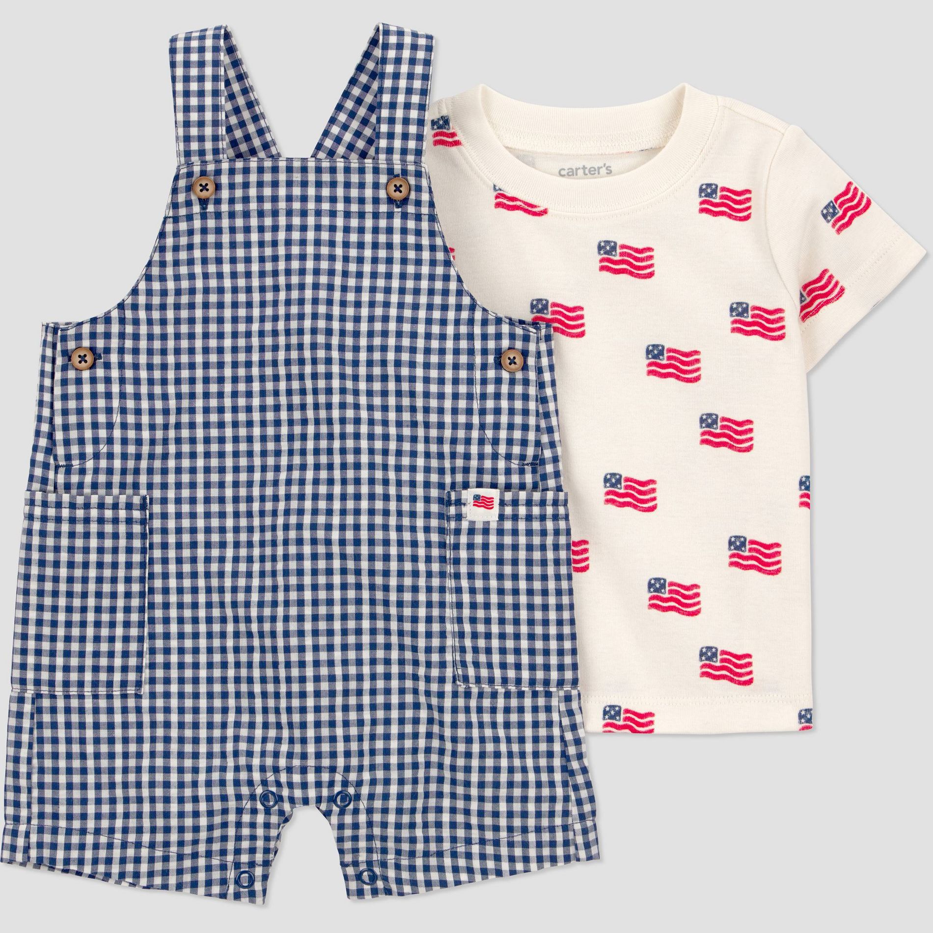 Carter's Just One You® Baby Boys' USA Flag Americana Gingham Overalls Set - Navy Blue/Ivory/Red