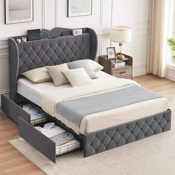 Whizmax Two Size Bed Frame with 4 Storage Drawers and Charging Station, Velvet Upholstered Platform Bed with Tall Headboard and Storage Shelf, Gray