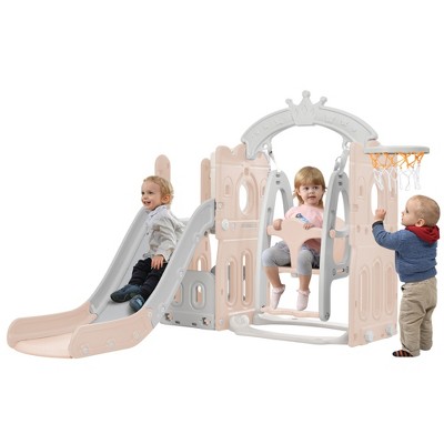 5-in-1 Kids Slide Swing Set Climber Slide Playset With Basketball Hoop Indoor Outdoor Playground For Boys Girls Birthday Xmas Gifts
