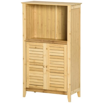 Natural Bamboo Living Room Storage Cabinet with Shelves and Doors