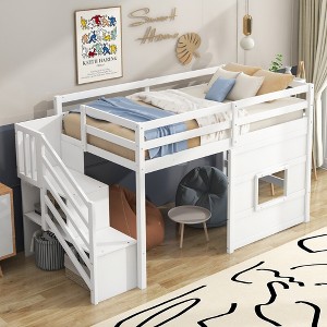 Whisen Wood Twin Size Loft Bed with Storage Staircase and Window - 1 of 4