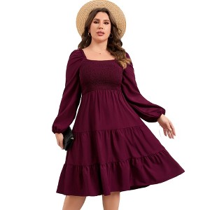 Clearlove Womens Plus Size Square Neck Dresse High Waist Smocked Ruffle A Line Tiered Flowy Maxi Dress with Pocket - 1 of 4