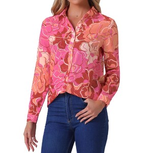 Allegra K Women's Point Collar Long Button Sleeve Button Down Floral Shirt - 1 of 4