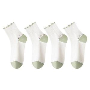 Anna-Kaci 4 Pairs Mid-Crew Ruffle Trim Socks with Contrast Toe Heel and Cat Embroidery Design - 1 of 4