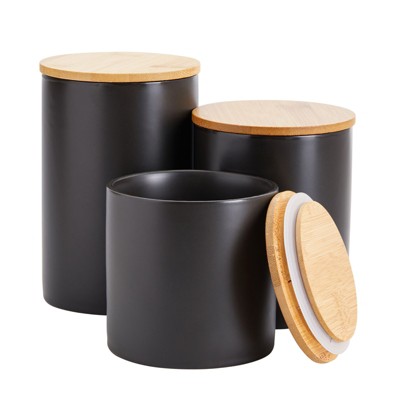 Farmlyn Creek 3-Piece Small Matte Black Ceramic Kitchen Canisters Set with Airtight Bamboo Lids for Coffee and Tea Storage, 3 Sizes