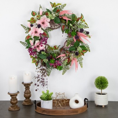 24-Inch Pink and Purple Artificial Spring Floral Wreath with Grapevine Base
