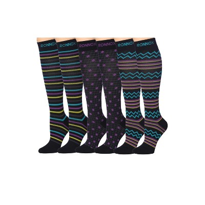 Tipi Toe 3 Pairs Compression Socks for Men & Women Wavy Black Cyan Waves Violet-Yellow Patterned Knee High Socks (12-14 mmHg)