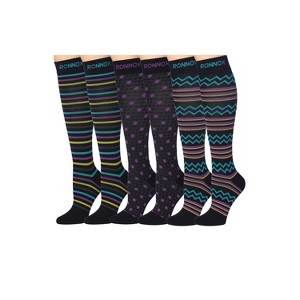 Tipi Toe 3 Pairs Compression Socks for Men & Women Wavy Black Cyan Waves Violet-Yellow Patterned Knee High Socks (12-14 mmHg) - 1 of 1