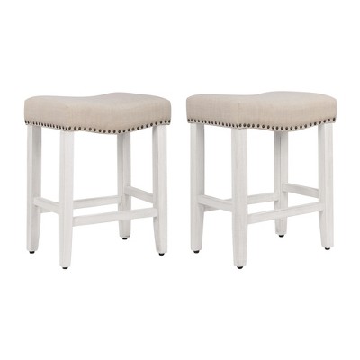 24" Beige Wood Upholstered Saddle Seat Counter Stool Set