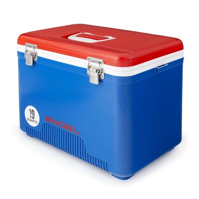 Engel UC19-RWB 19 Quart Fishing Live Bait Dry Box Ice Cooler with Stain/Odor-Resistant Surface and Shoulder Strap, Red/Blue
