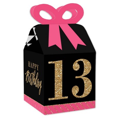 Big Dot of Happiness Chic 13th Birthday - Pink, Black and Gold - Square Favor Gift Boxes - Birthday Party Bow Boxes - Set of 12