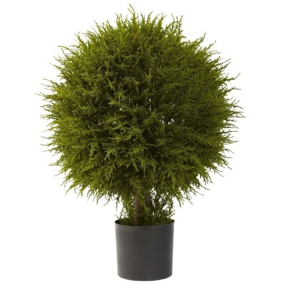 32'' Green Silk Cedar Ball Topiary in Black Planter