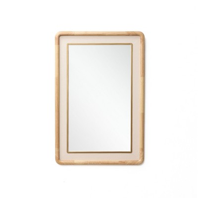 LuxenHome Rounded Rectangle Decorative Wall Mirror, 35" Rubber Wood Frame with PU Leather Accent Brown