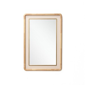 LuxenHome Rounded Rectangle Decorative Wall Mirror, 35" Rubber Wood Frame with PU Leather Accent Brown - 1 of 4